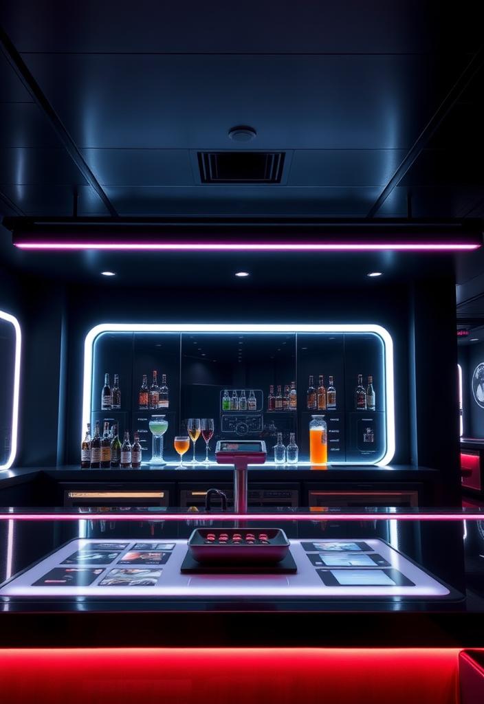 21. High-Tech Bar High-tech bar header. Futuristic bar design showcasing advanced technology and innovative cocktails. Modern nightlife experience.