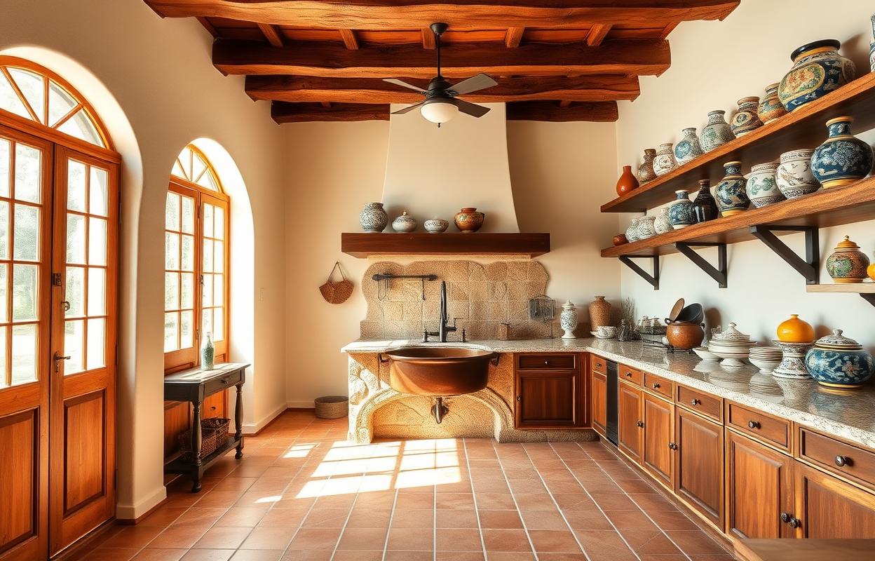Authentic Hacienda Kitchen: Using Natural Materials Authentic hacienda kitchen: Natural stone walls, wood beams, and handmade tile create a warm, rustic cooking space.