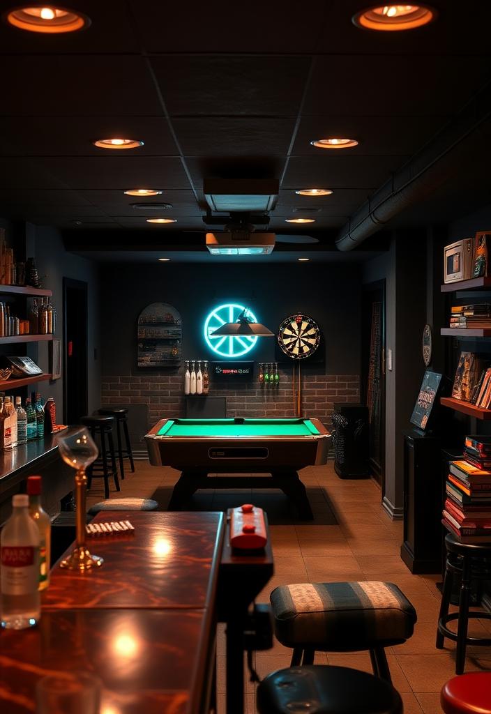 Basement Bar Ideas: Level Up Game Night! Basement bar ideas for game night! Custom bar, seating, and lighting to level up your entertaining space.