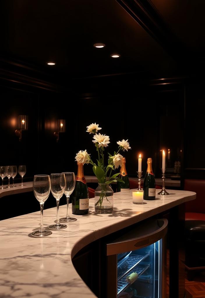 Basement Bar Ideas: Sophisticated Champagne Lounge Sophisticated basement bar idea: Champagne lounge. Elegant home bar design with plush seating and ambient lighting. #basementbar #homedesign