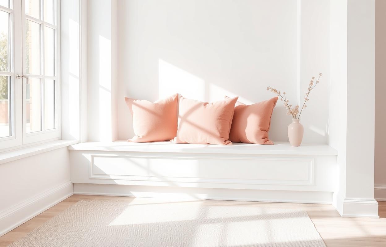 Blush Pink Accents in White Interior Design Blush pink accents in white interior design. Soft pink pillows, artwork, & decor adding warmth to a bright, minimalist space. #blushpink #interiordesi