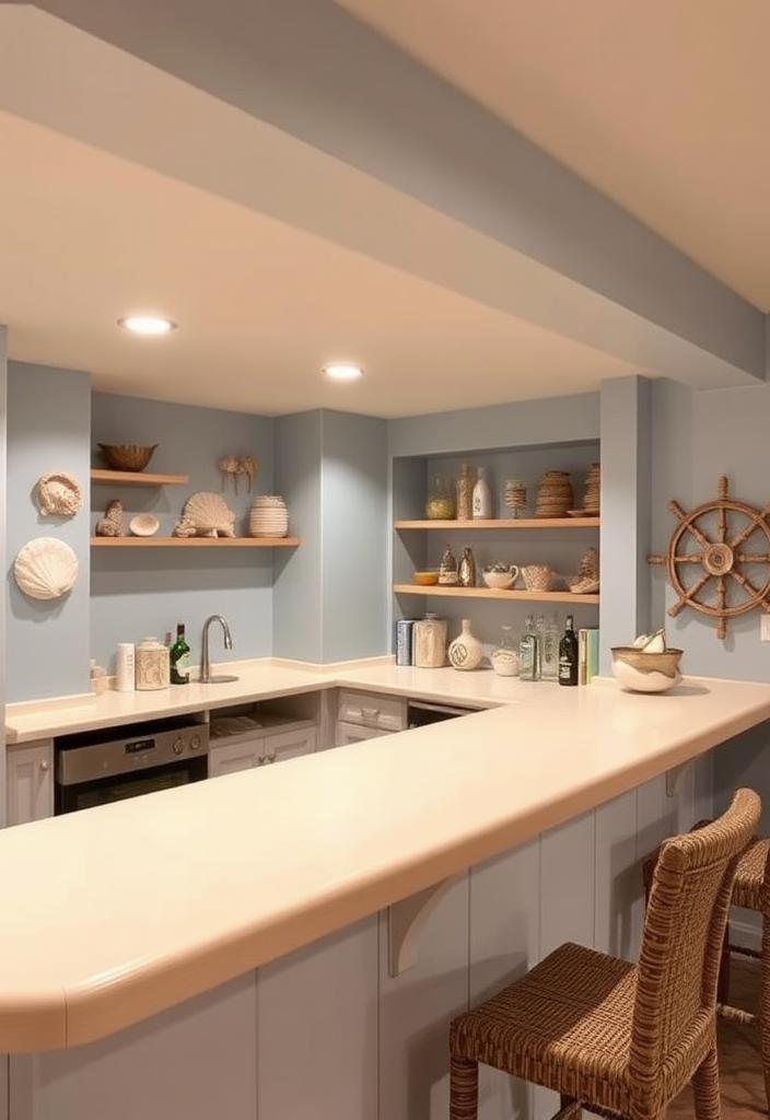Coastal Home Bar Ideas: Beachy Basement Bar Designs Coastal home bar inspiration. Beachy basement bar design ideas for a relaxing coastal vibe. Nautical decor and bar stools.
