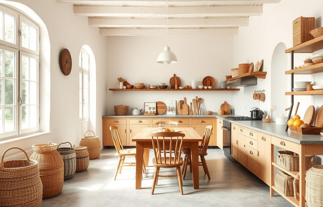 Cozy Kitchen Dining: Natural Material Designs Cozy kitchen dining area with natural materials. Wood table, woven chairs, and soft lighting create a warm, inviting atmosphere.