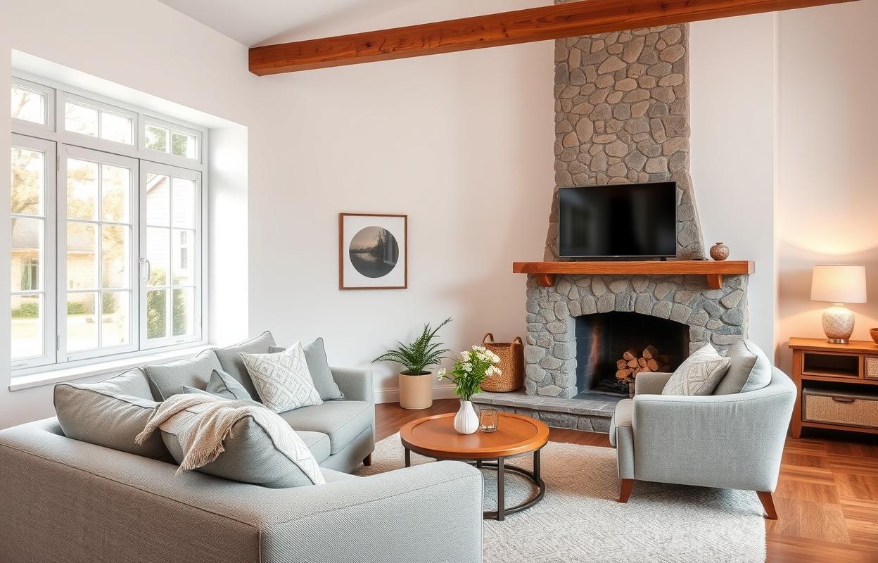 Cozy Living Room: White and Gray Color Schemes Cozy living room: White and gray color scheme. Modern interior design with comfortable seating and natural light.