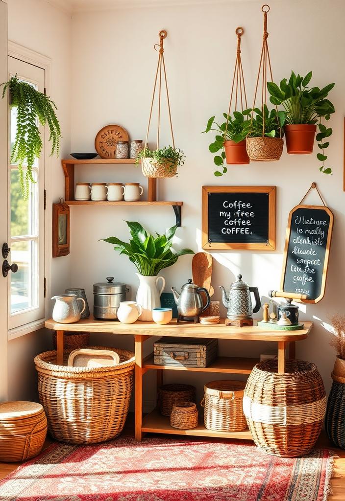 Creative Coffee Bar Ideas: Bohemian Coffee Station Bohemian coffee station idea. Creative coffee bar with eclectic decor. Home coffee setup inspiration.