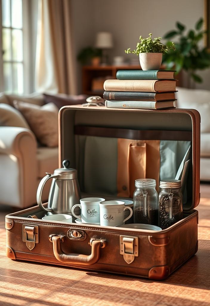 Creative Coffee Bar Ideas: Repurposed Vintage Suitcase Creative coffee bar idea: Vintage suitcase repurposed as a unique home coffee station. Upcycled coffee bar decor.