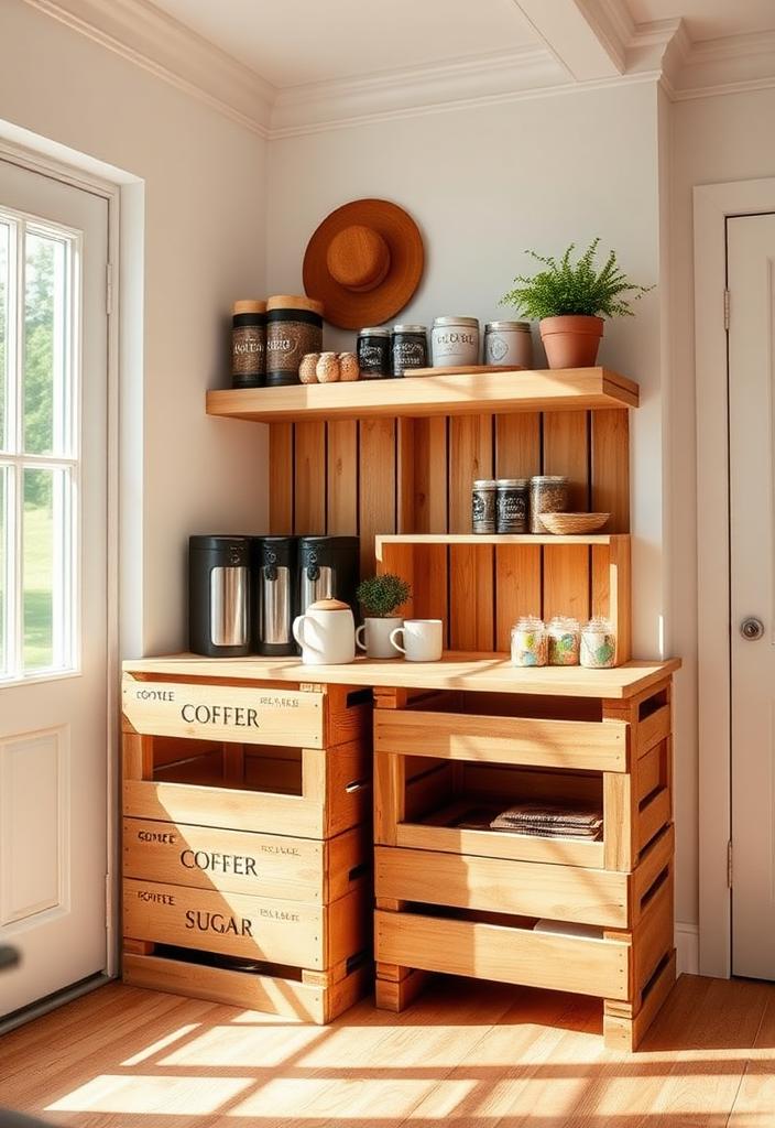 DIY Coffee Station: Upcycled Wine Crate Ideas DIY Coffee Station from Upcycled Wine Crate. Creative home coffee bar idea, repurposing wine crates for organization & style.