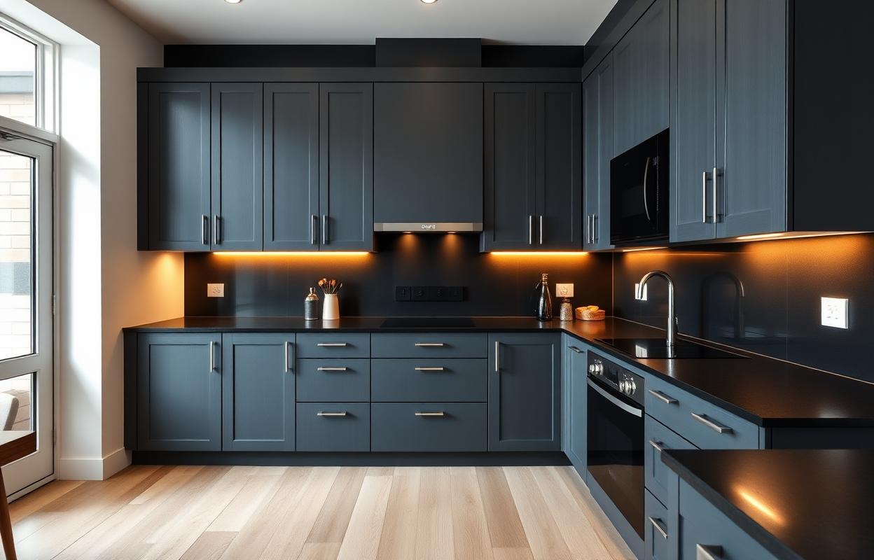 Dramatic Dark Kitchen Designs: Grey and Black Ideas Dramatic dark kitchen design. Grey and black cabinets, countertops, and modern fixtures create a sophisticated, high-end culinary space.