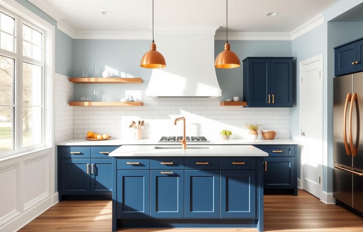 Elegant Navy Blue Kitchen Design Ideas Elegant navy blue kitchen design ideas. Modern kitchen with dark blue cabinets, gold hardware, & stylish lighting. Kitchen remodel inspiration.