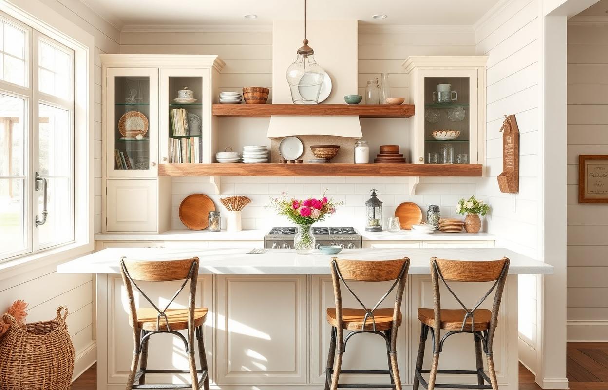 Farmhouse Kitchen Bar Ideas: Rustic Charm & Style Farmhouse kitchen bar ideas: Rustic kitchen with wood countertop, vintage bar stools, & charming farmhouse decor.
