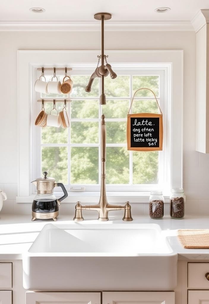 Farmhouse Sink Coffee Station Ideas Farmhouse sink coffee station ideas. Rustic kitchen coffee bar with a farmhouse sink for easy cleaning and prep. Kitchen coffee corner.