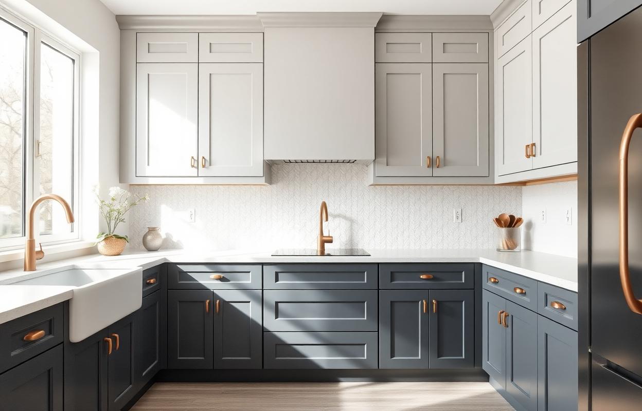 Gray Kitchen Cabinets: Two-Tone Design Ideas Gray kitchen cabinets two-tone design. Modern kitchen with light gray upper cabinets and darker gray lower cabinets. Stylish kitchen remodel.