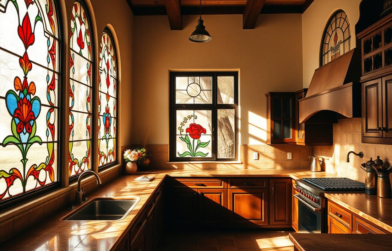Hacienda Kitchen Windows: Adding Stained Glass Hacienda kitchen windows with stained glass. Custom stained glass window design for a rustic, Spanish style kitchen.