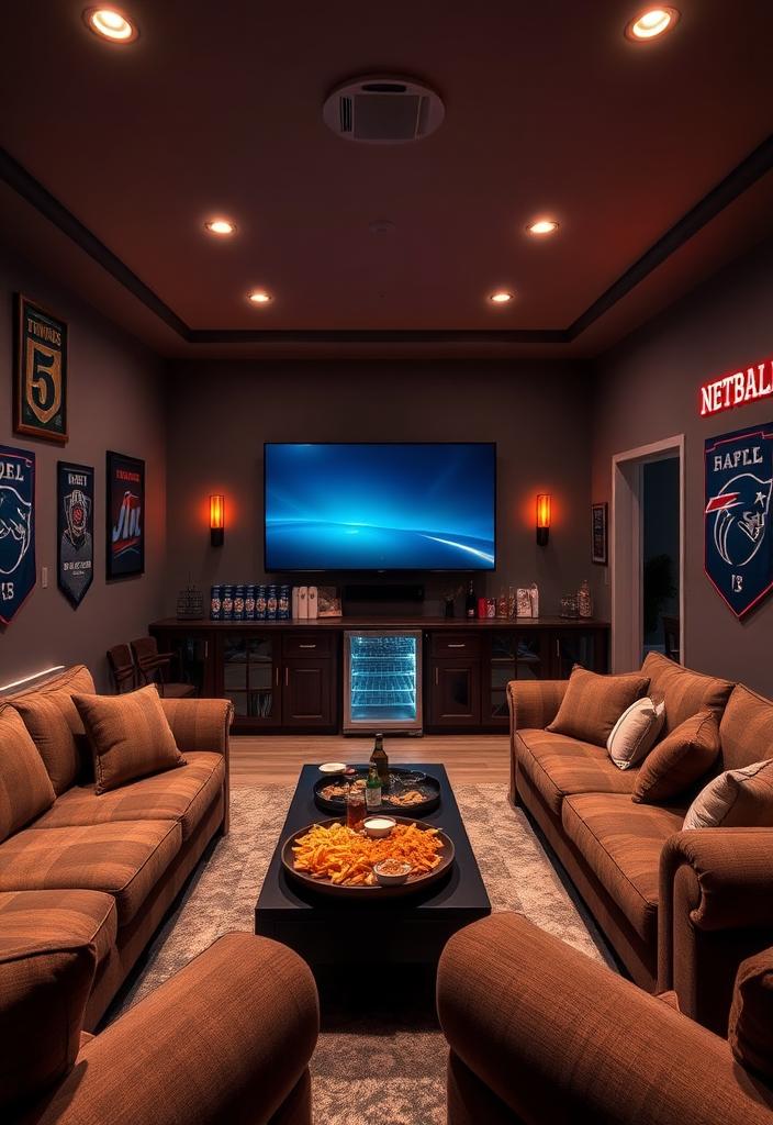 Home Sports Bar Ideas: Create Your Fan Cave Home sports bar ideas header image. Fan cave inspiration for creating the ultimate game day space with sports memorabilia and a bar.