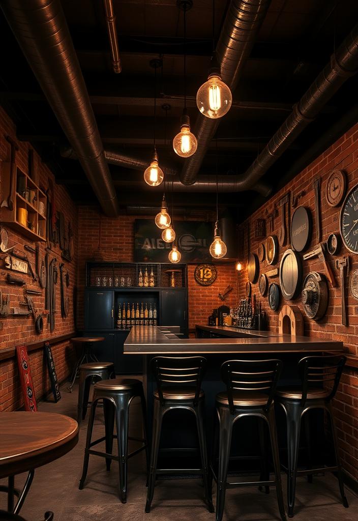 Industrial Basement Bar Ideas: Cool Home Bar Designs Industrial Basement Bar Ideas: Cool home bar design featuring exposed brick, metal accents, and creative lighting for a unique entertaining space.