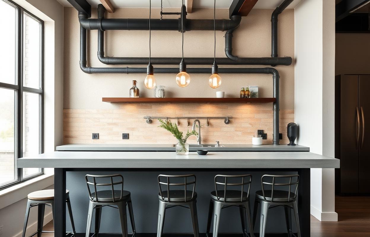 Industrial Kitchen Bar: Cool Metal Design Ideas Industrial kitchen bar design idea. Cool metal bar with open shelving. Modern industrial style, perfect for entertaining.