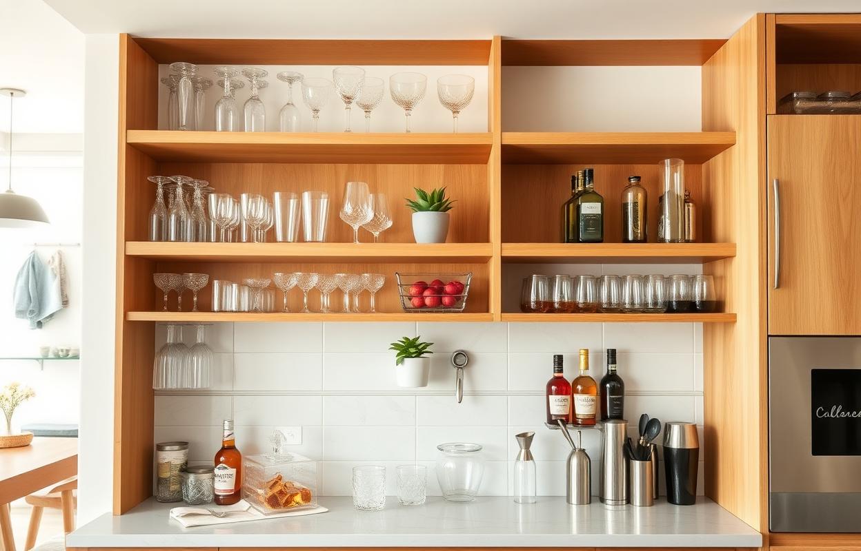 Kitchen Bar Ideas: Designing with Open Shelving Kitchen bar with open shelving. Stylish design ideas for home bars, showcasing storage and decor inspiration.