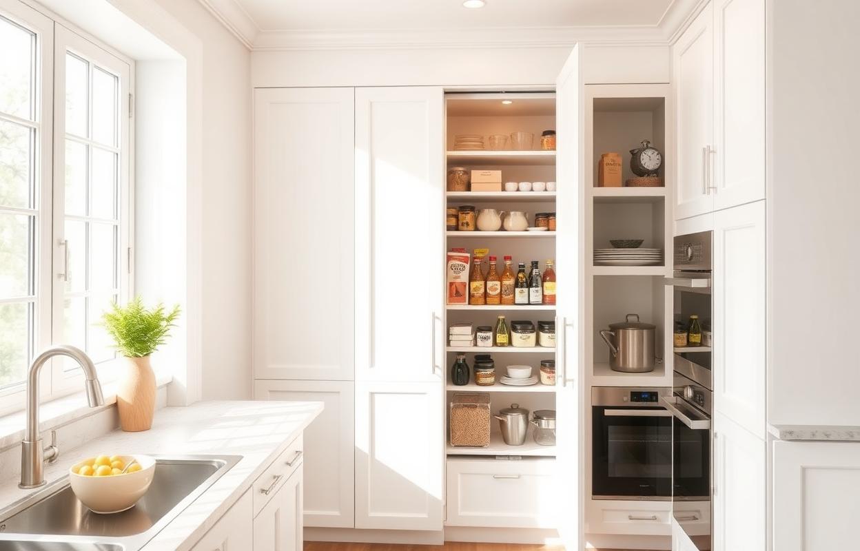 Maximize Kitchen Storage: The Power of Tall Pantry Cabinets Tall pantry cabinet maximizing kitchen storage. Organized shelves offer efficient food & appliance storage. Kitchen design idea.