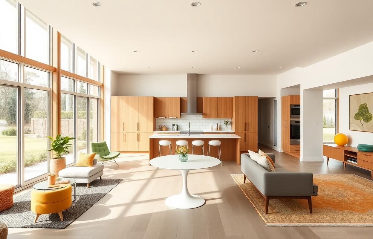 Mid-Century Modern Kitchen Living Room Design Ideas Mid-Century Modern Kitchen Living Room Design: Stylish open concept, clean lines, natural light & warm wood tones. Inspiration & ideas!