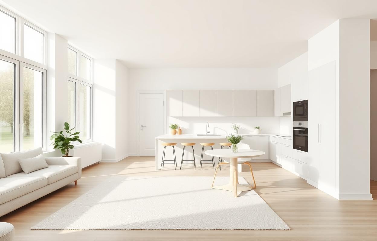 Open Concept Kitchen Living Room: Simple Minimalist Design Ideas Open concept kitchen living room. Minimalist design with clean lines, natural light, and seamless flow. Modern, simple living space.