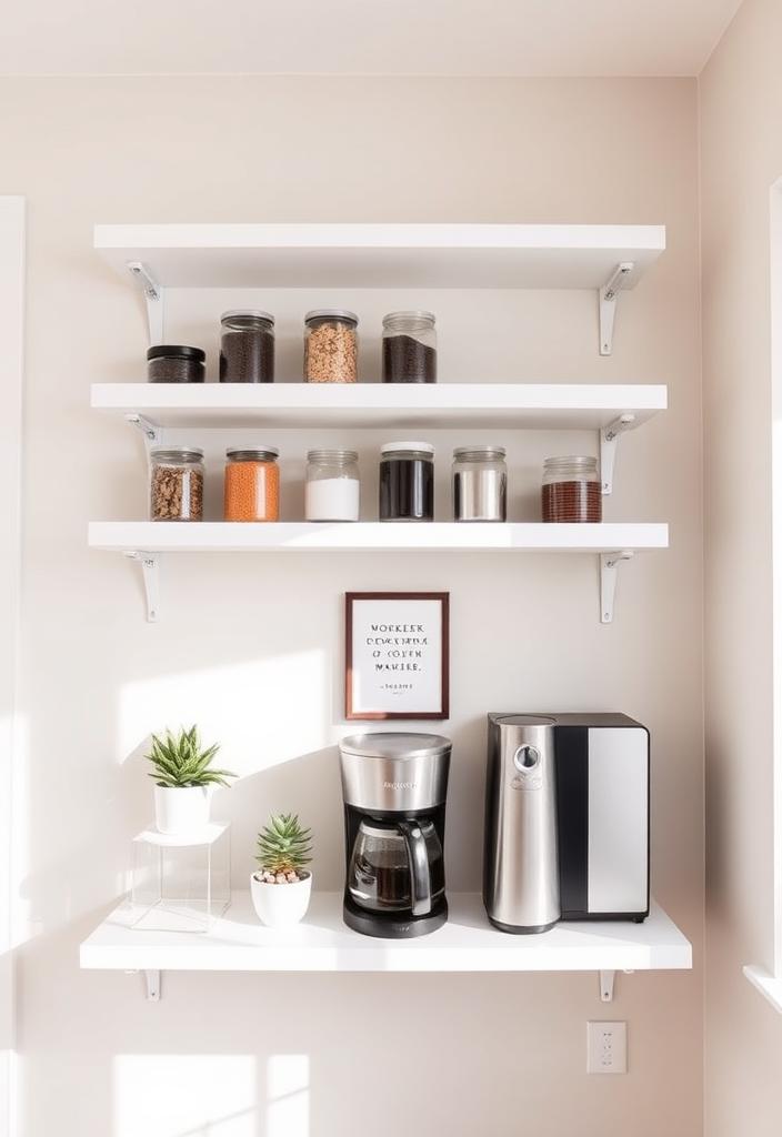 Stylish Floating Shelves: The Minimalist's Dream Coffee Station Minimalist coffee station with stylish floating shelves. Organize your coffee essentials with sleek, modern shelving. Dream coffee setup inspiration.