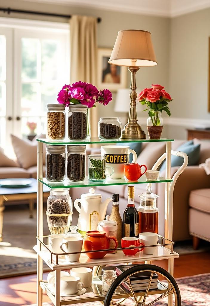 Stylish Tea Cart Coffee Bar Ideas Stylish tea cart coffee bar ideas. Mobile beverage station for home entertaining. Coffee and tea setup on wheels.