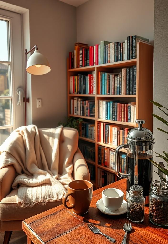 Ultimate Guide to Creating a Cozy Book Nook Coffee Bar at Home Cozy book nook coffee bar guide. Home library with coffee station, books, warm lighting, and comfortable seating. Create your own reading haven.