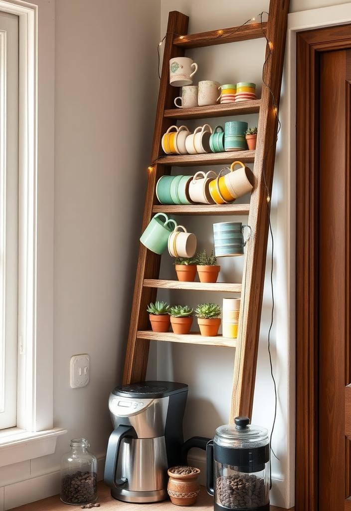 Unique Coffee Bar Ideas: Ladder Display Unique coffee bar idea: Ladder display shelving for mugs, syrups, and coffee beans. Rustic and space-saving coffee station inspiration.