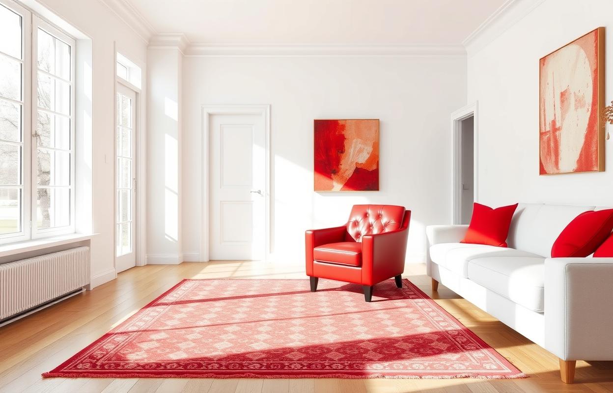 Using Red Accents in a White Room: Interior Design Tips White room with red accents. Interior design featuring red pops in a minimalist, bright space. Decorating with red.