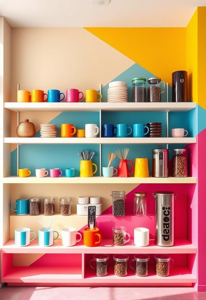 Vibrant Coffee Bar Ideas: Color Block Station Vibrant color block coffee bar. Modern coffee station design with bold hues. Home coffee bar ideas.